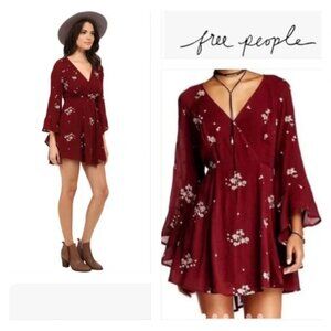 Free People Jasmine Floral Embroidered Kimono Dress Boho 8 Red Bell Sleeves